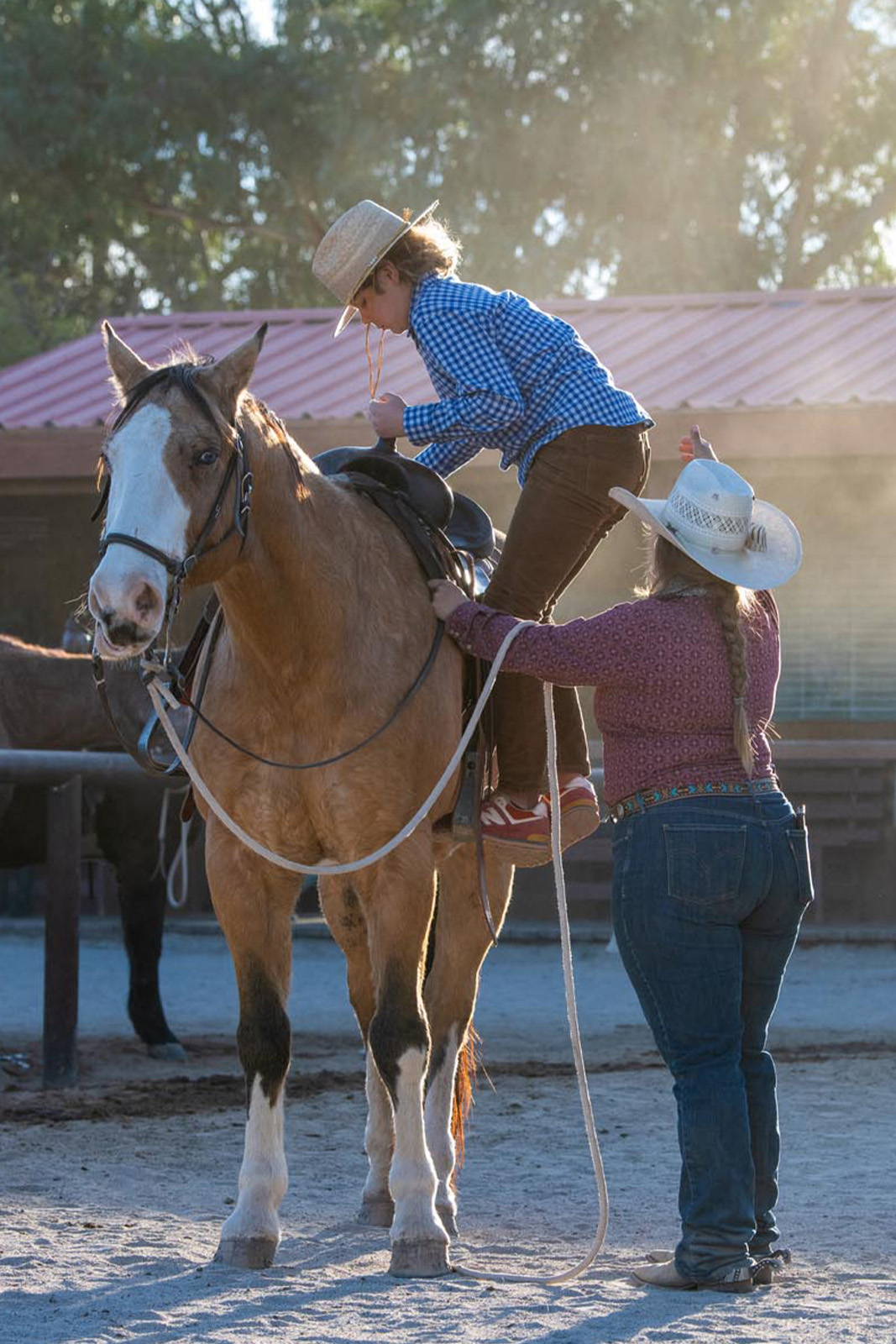 Little boy climbing on top of horse beside wrangler