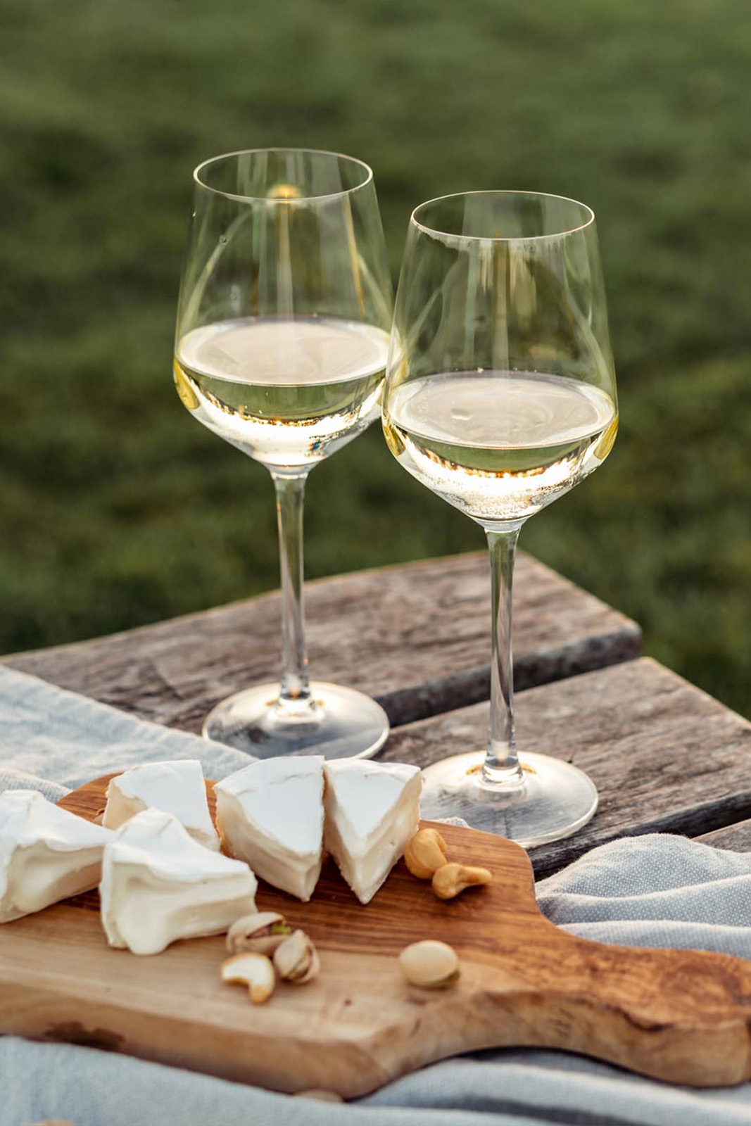 Wine glasses and cheese board