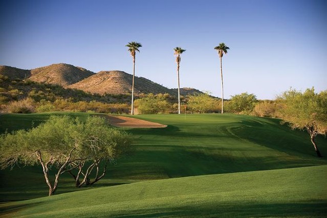 golf course with palm trees in background