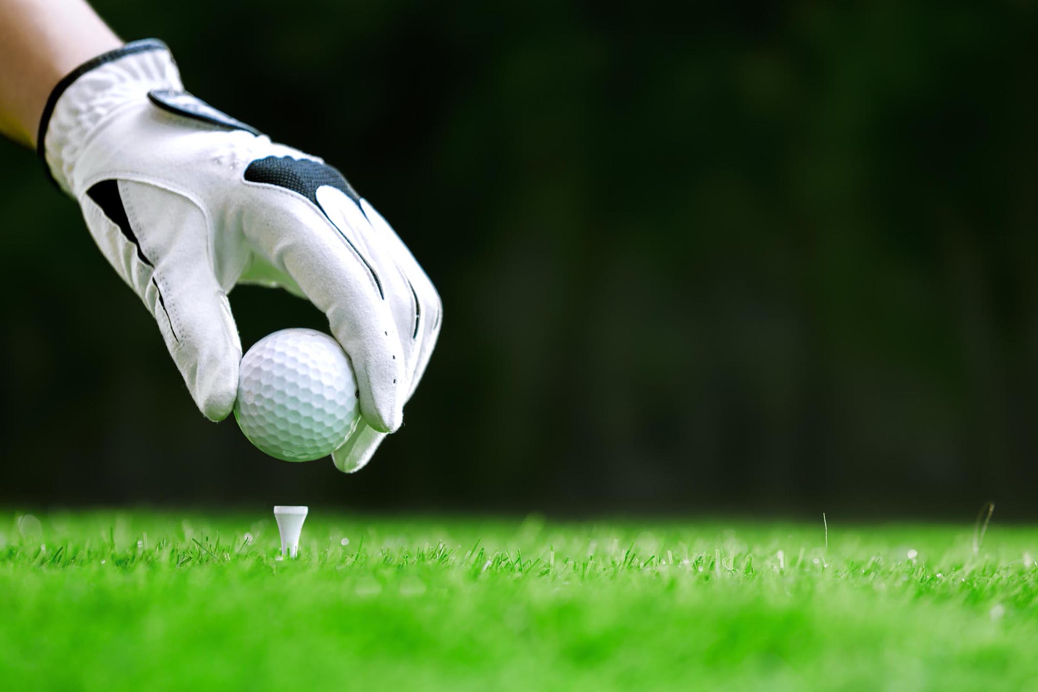 Hand mit Handschuh, der einen Golfball hält