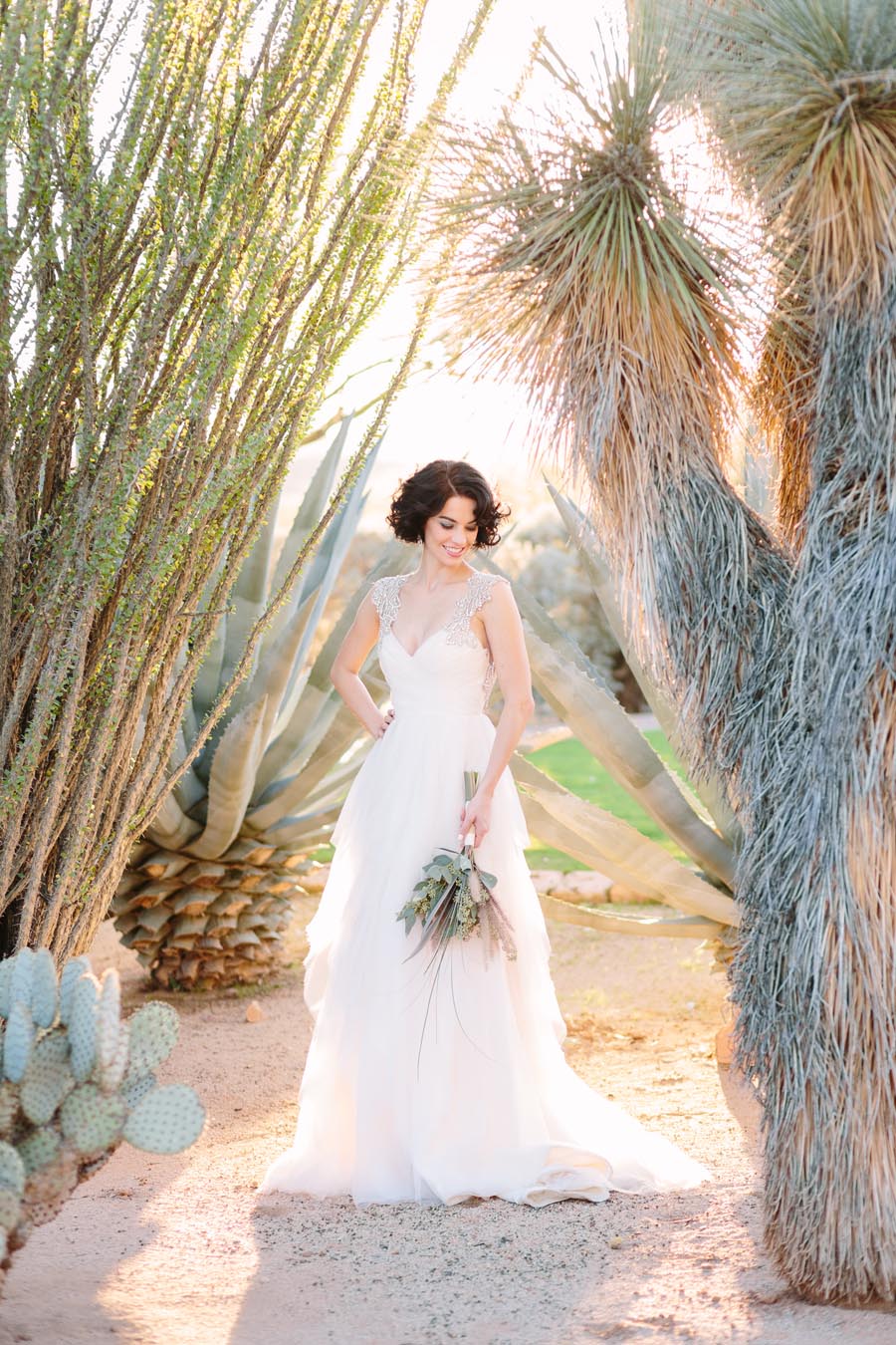 Bride standing underneath desert trees